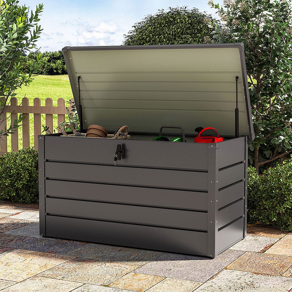 350L Grey Metal Lockable Outdoor Storage Box – Waterproof Garden Tool Chest with Modern Design